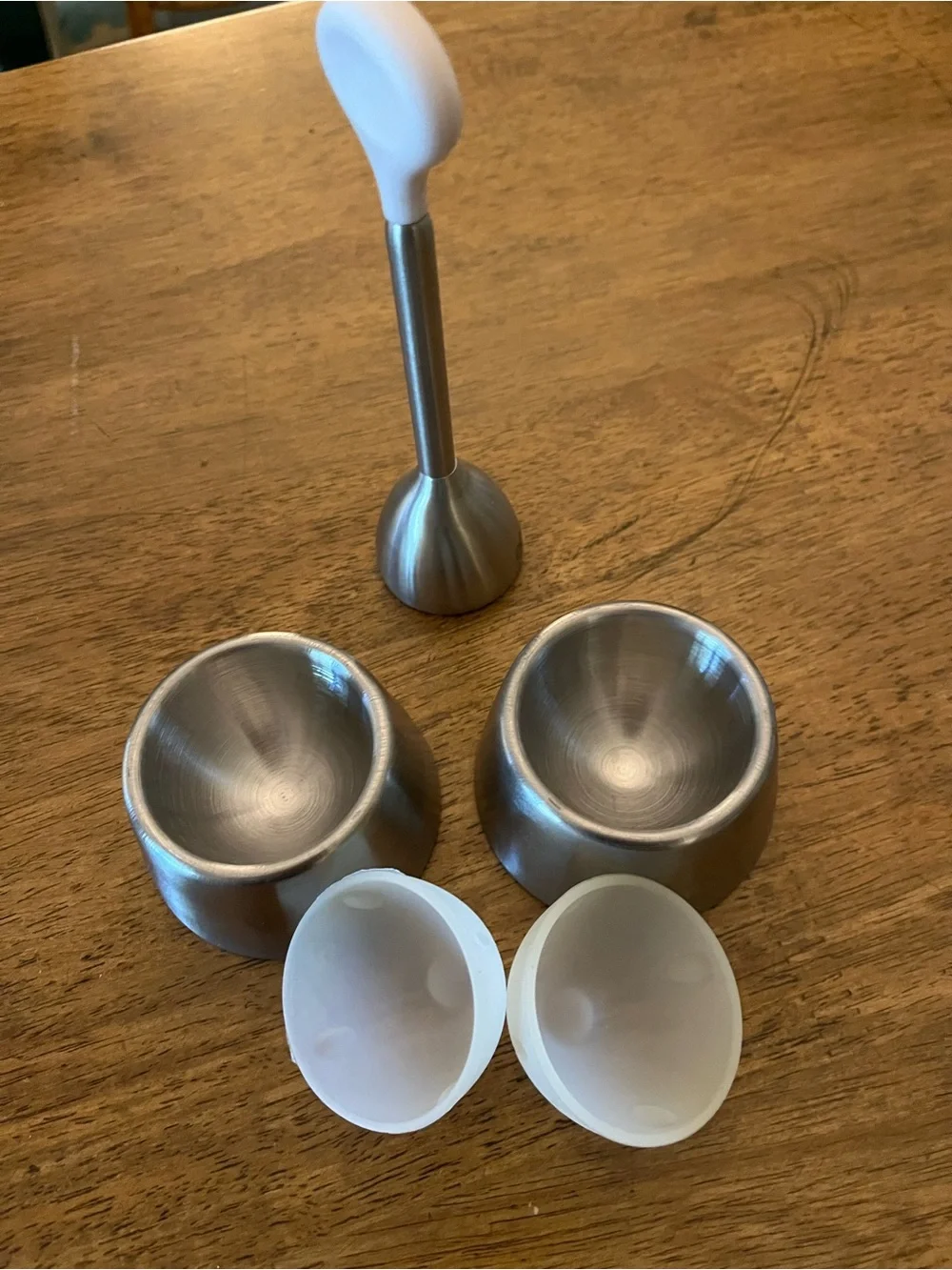Stainless Steel Egg Cups with White Silicone Inserts and Egg Topper